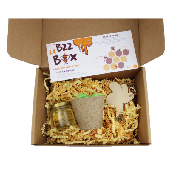 Photo de la Bzzz box, un goodies original personnalisable contenant du miel français local et des graines bio de fleurs mellifères, parfait pour des cadeaux d'affaires et objets publicitaires écologiques.