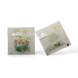 Sachet de graines écoconçu 55x55 mm en papier certifié FSC, sans plastique, avec impression quadri recto/verso, parfait comme objet publicitaire écologique pour des campagnes RSE ou comme goodies écologiques personnalisables.